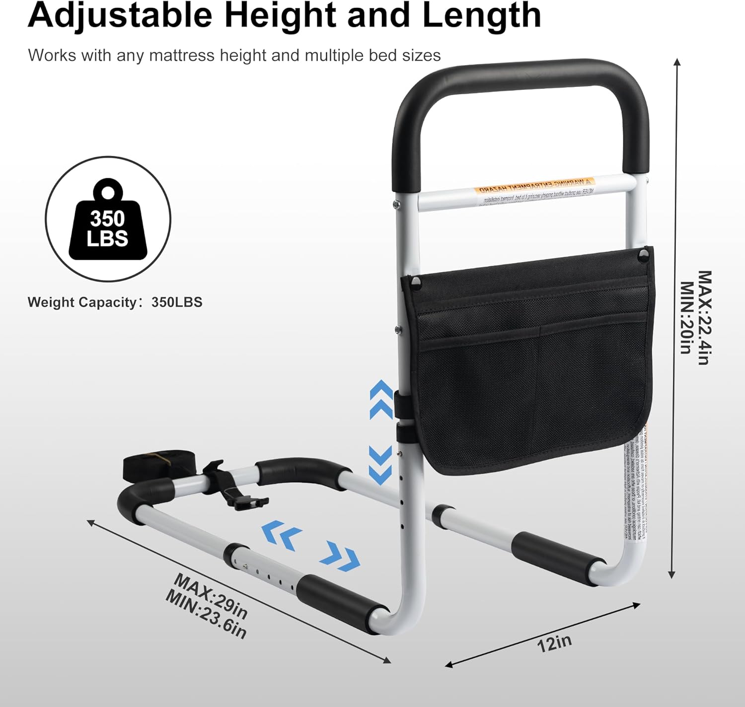 Adjustable Portable Bed Safety Rail for Seniors, Bed Assist Bar with Storage Bag

