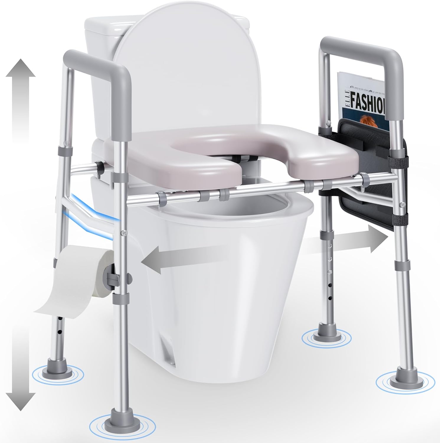 Raised Toilet Seat with Handles, Toilet Seat Riser for Seniors, Adjustable Height and Width, Padded Cushion, 450 lb Capacity, Non-Slip Safety Design

