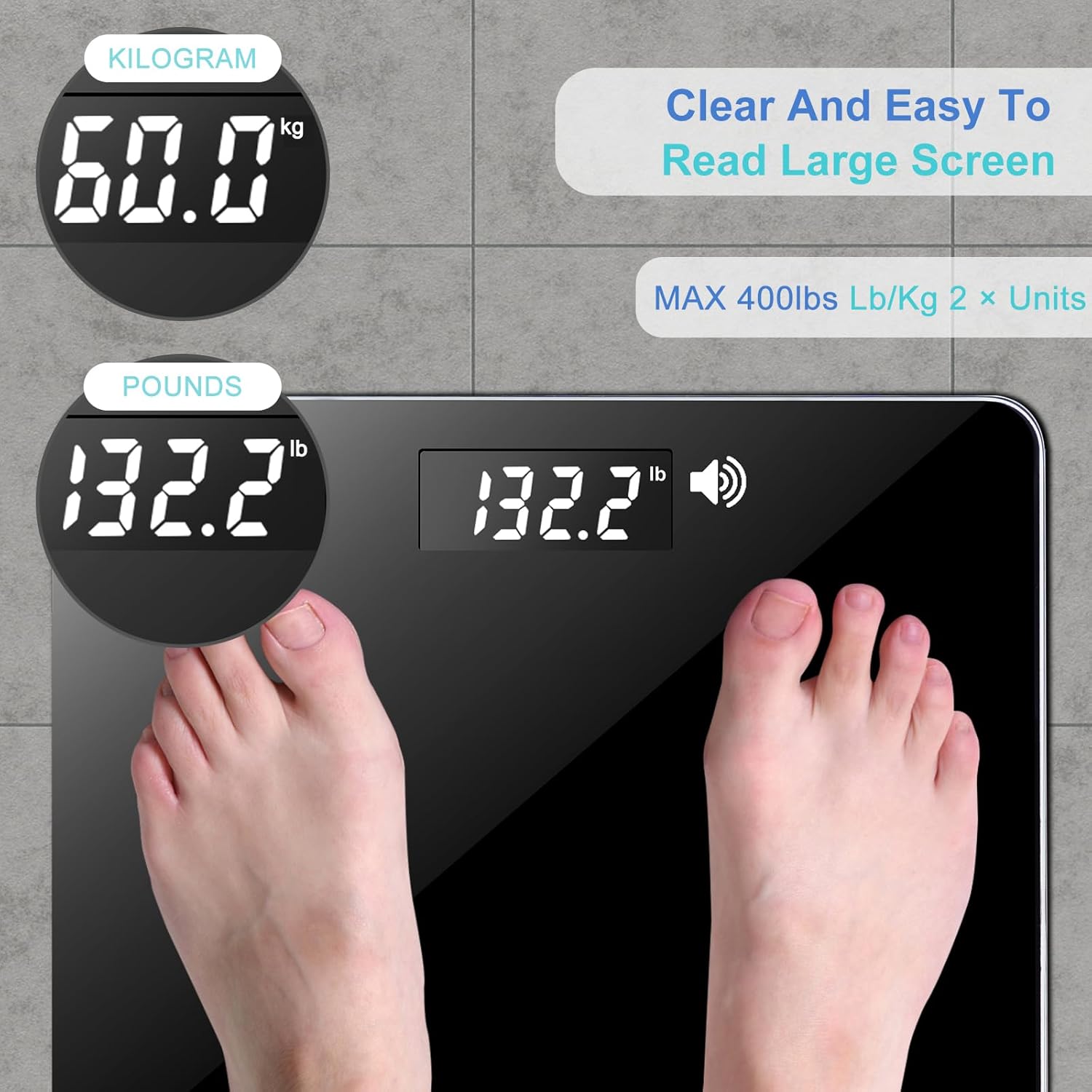 BATVOX Talking Bathroom Scale with Voice, Tempered Glass, Auto On/Off, 400 lb

