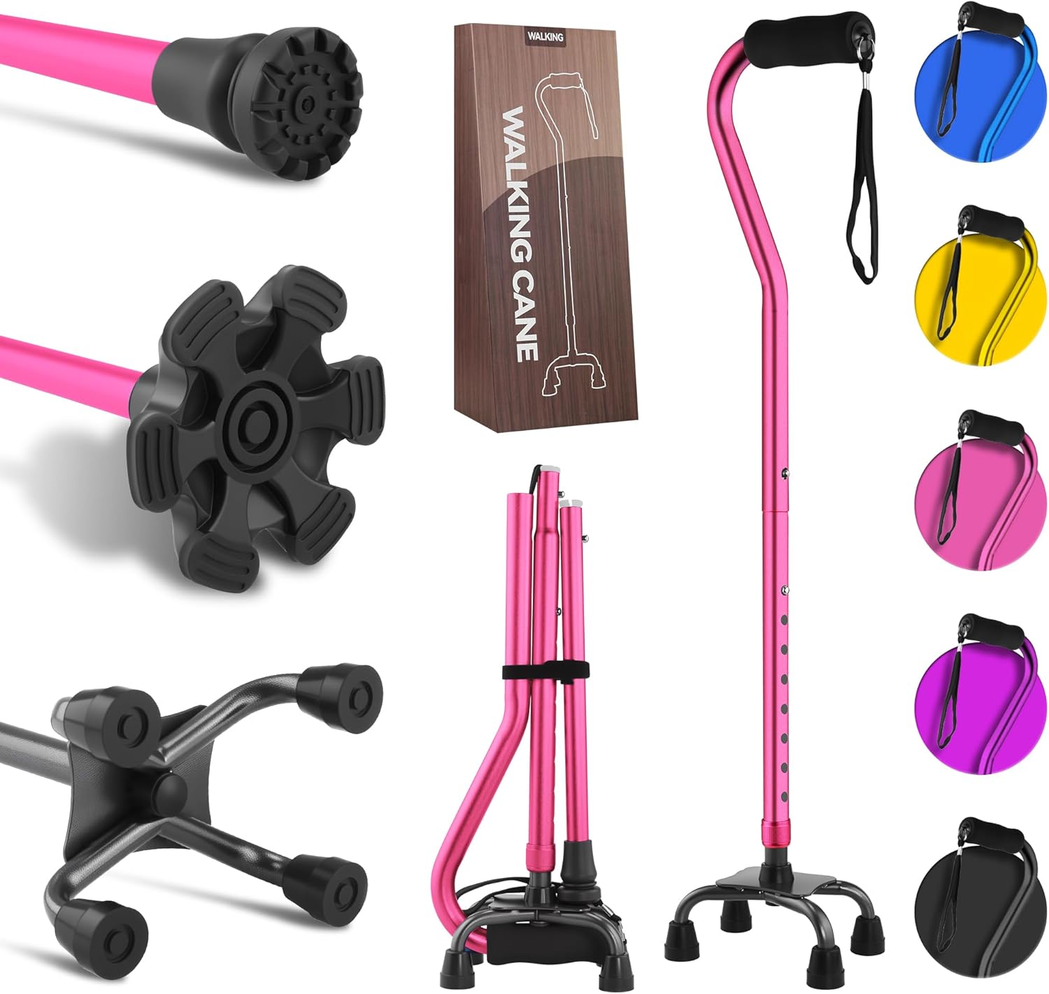 LIXIANG Quad Walking Cane Foldable Adjustable Aluminum Non-Slip Foam Handle

