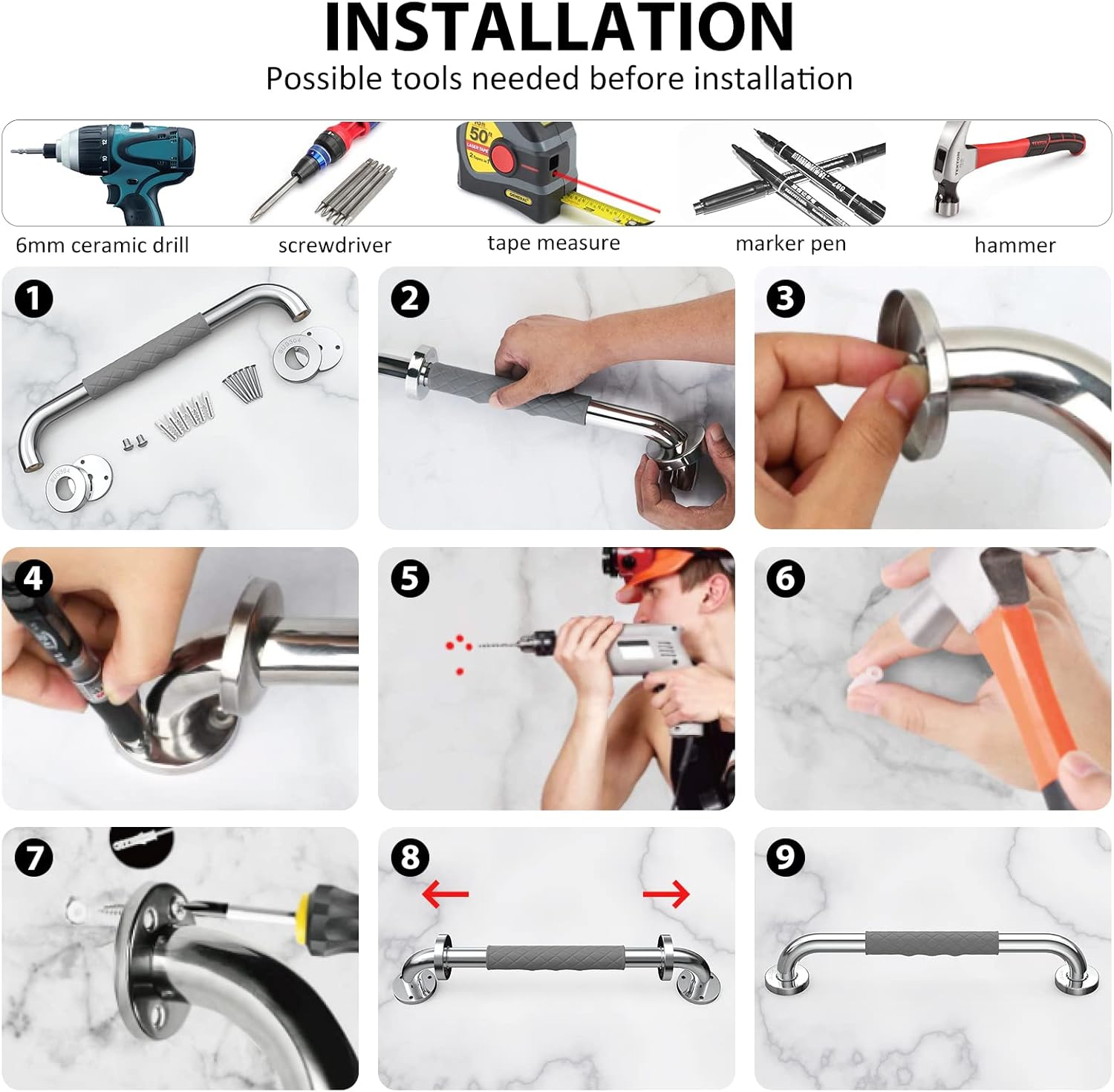Opove Anti-Slip Shower Grab Bars for Elderly, Stainless Steel Bathroom Handle

