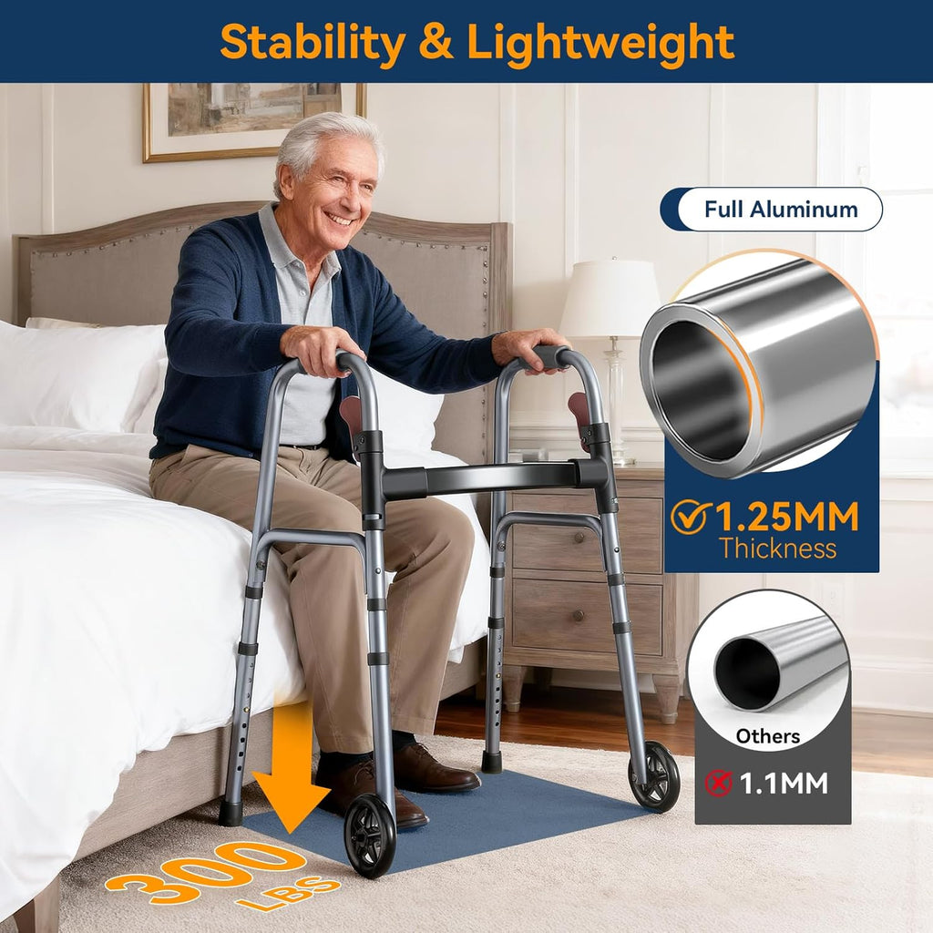 Folding Rolling Walker for Seniors, Height Adjustable, One-Hand Fold, 300 lb

