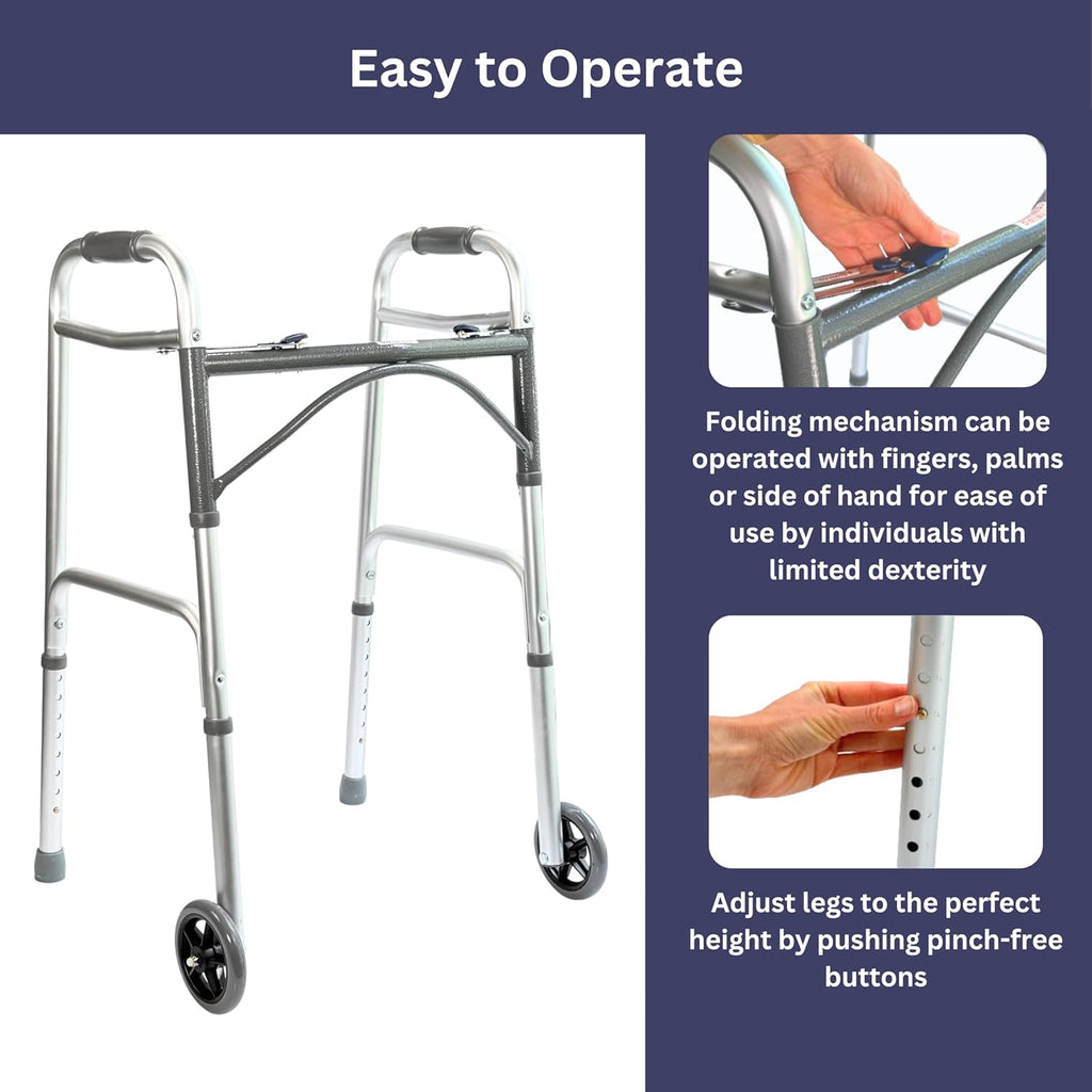 Two-Button Folding Walker with 5 in Wheels and Ski Glides, Height Adjustable

