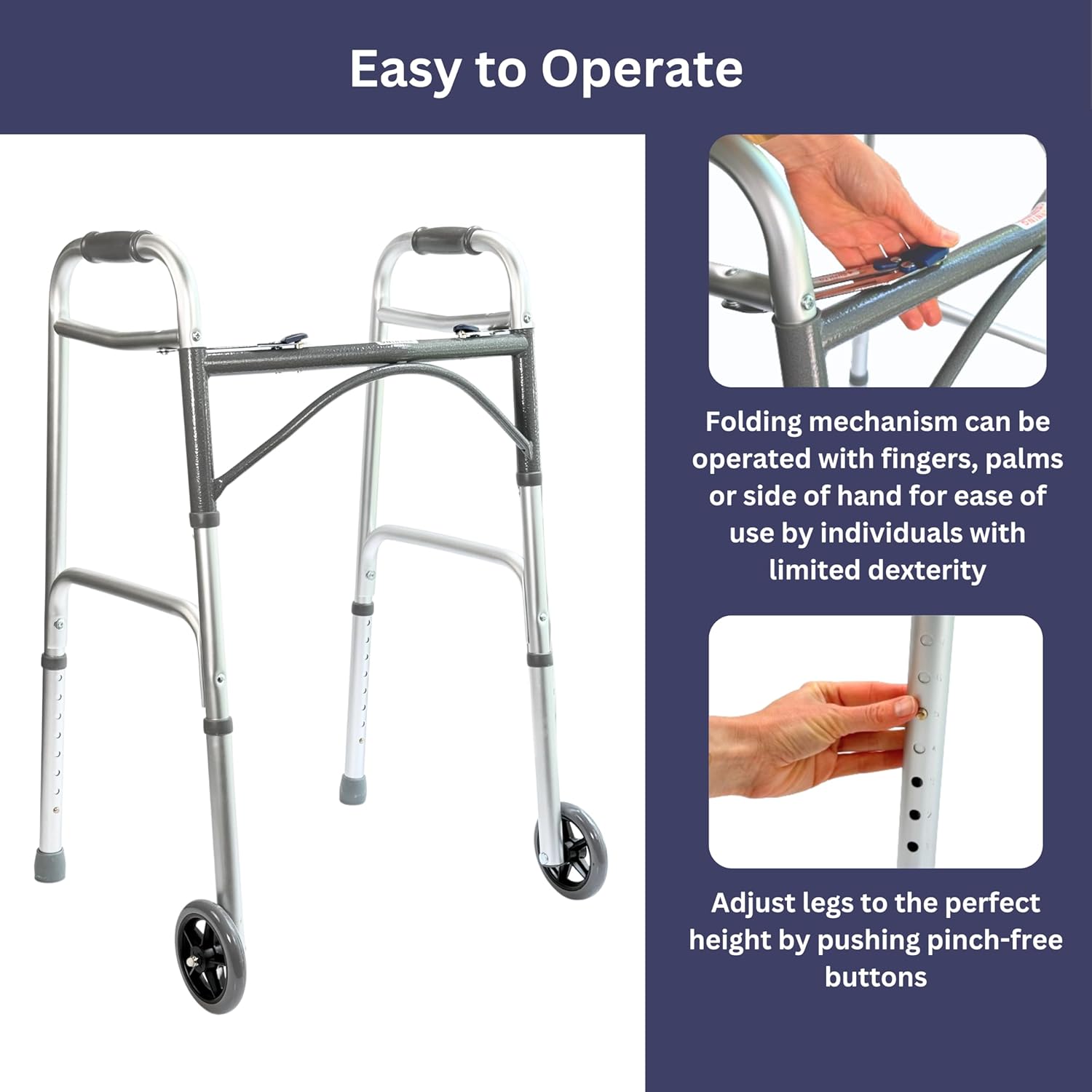 Two-Button Folding Walker with 5 in Wheels and Ski Glides, Height Adjustable

