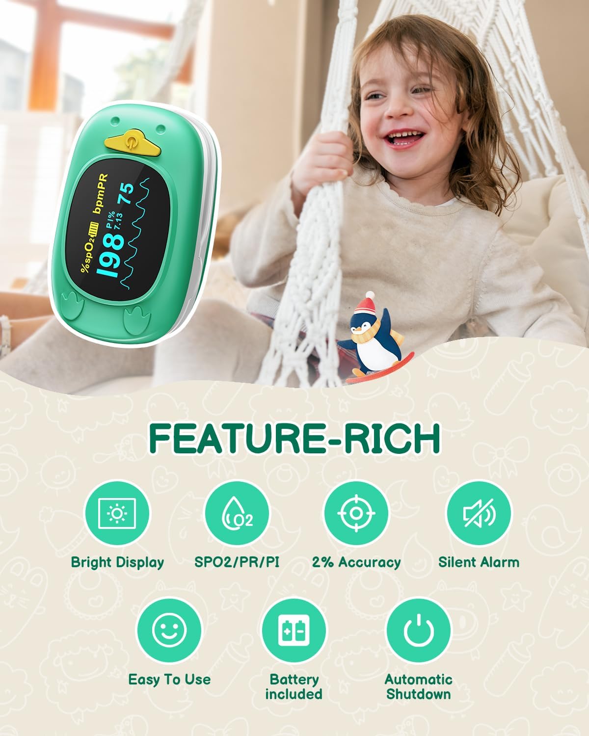HOLFENRY Kids Fingertip Pulse Oximeter Oxygen Monitor with Large Display

