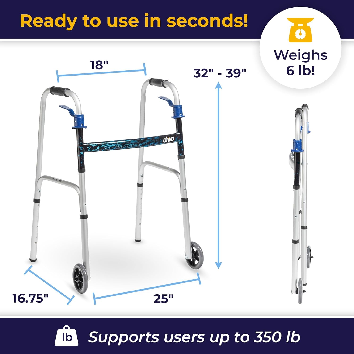 Drive Medical Trigger Release Folding Walker, Lightweight Brushed Steel with Easy Trigger

