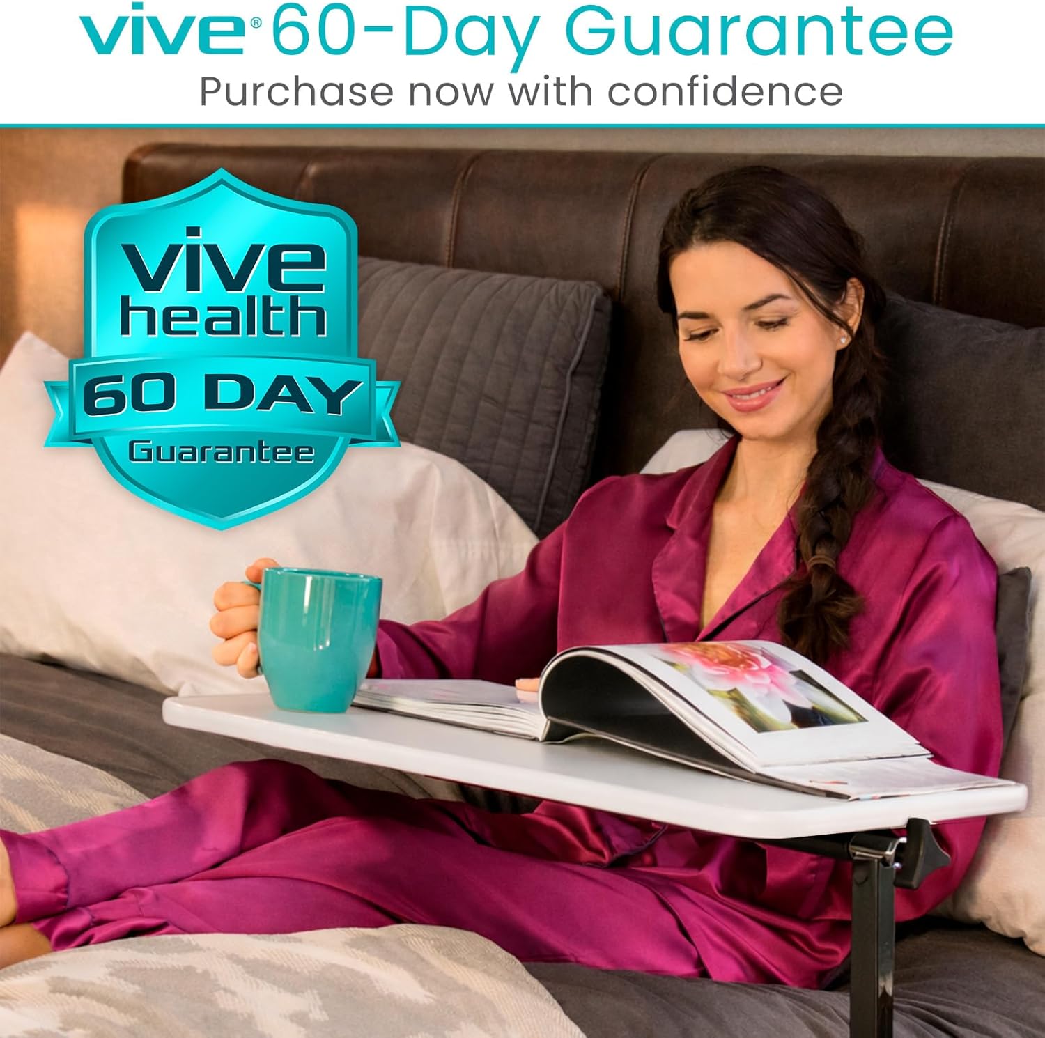 Vive Overbed Hospital Bed Table with Adjustable Height Tilt Tray and Locking Wheels

