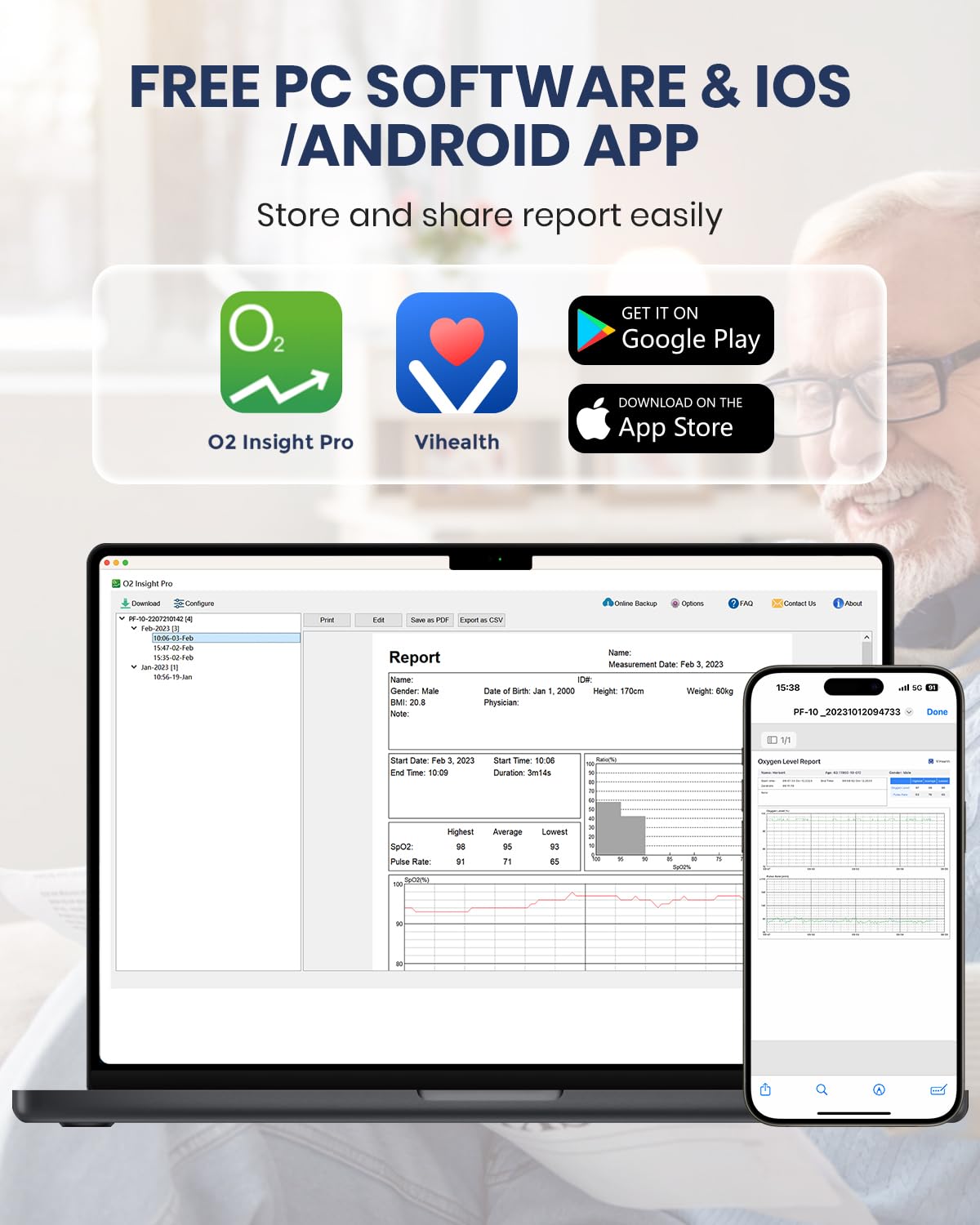 Rechargeable Fingertip Pulse Oximeter with Bluetooth App, SpO2 and Pulse Monitoring

