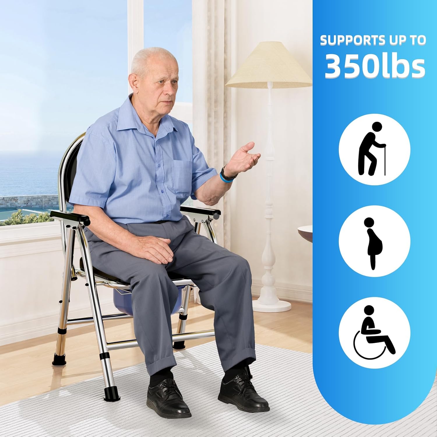 4-in-1 Folding Bedside Commode Chair for Elderly with Arms and Back, Adjustable Height

