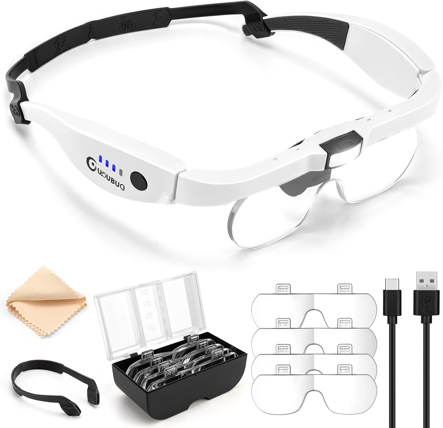 Rechargeable Head Magnifier with Light, Detachable Lenses 1.5X 2.5X 3.5X 5X

