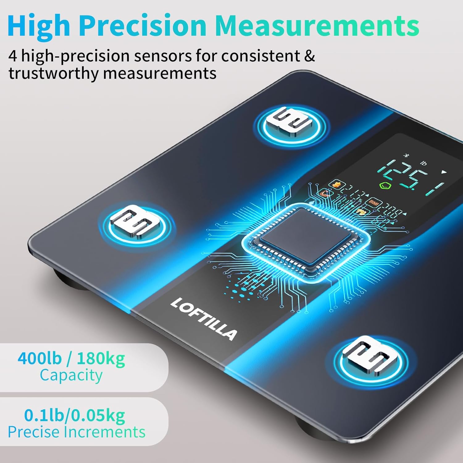 Smart Body Composition Scale with 8 Metrics, BMI, Body Fat, Bluetooth App Sync

