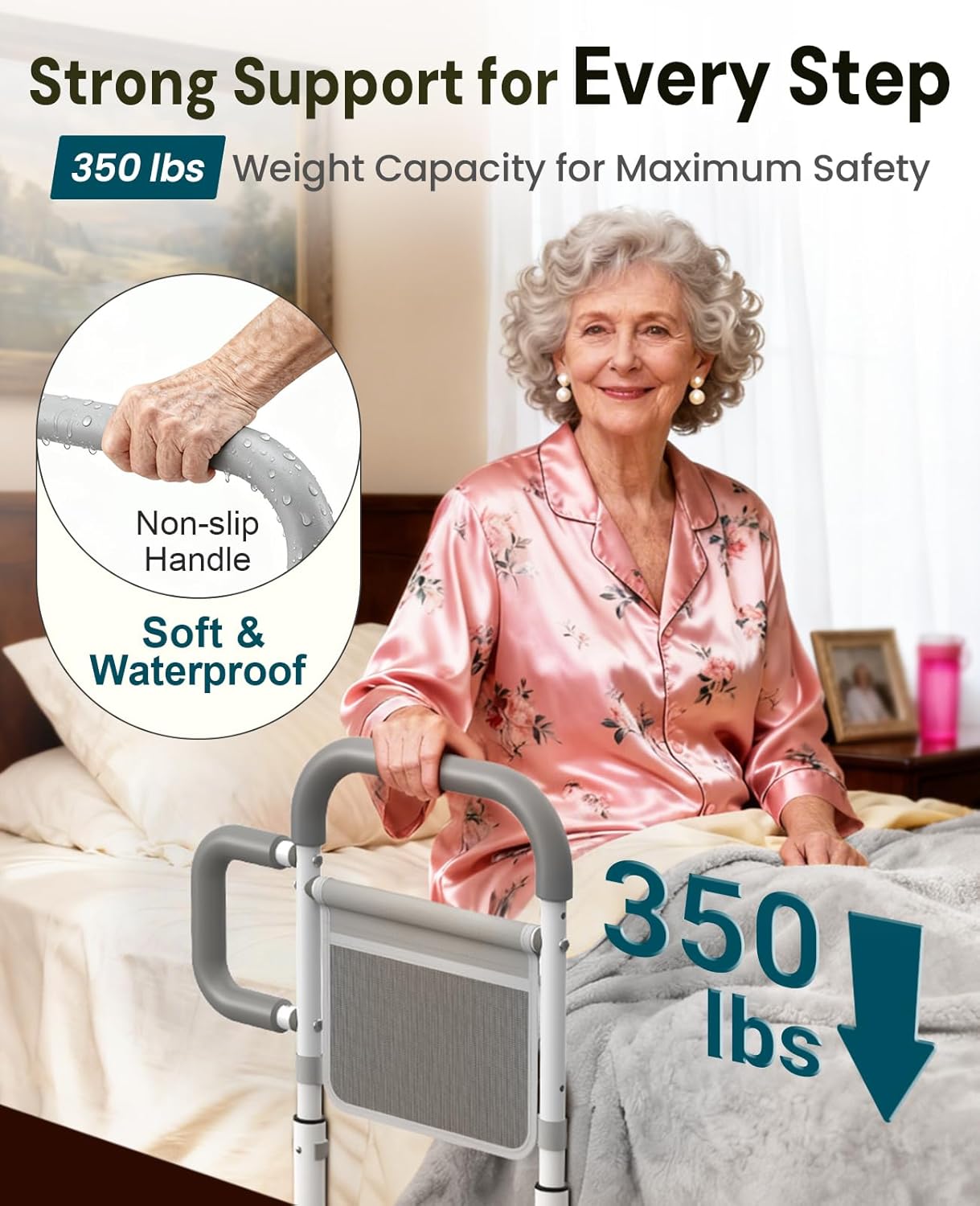 ONTHEWEI Bed Rails for Elderly Adults Safety, Dual Non-Slip Handle, Storage Pouch

