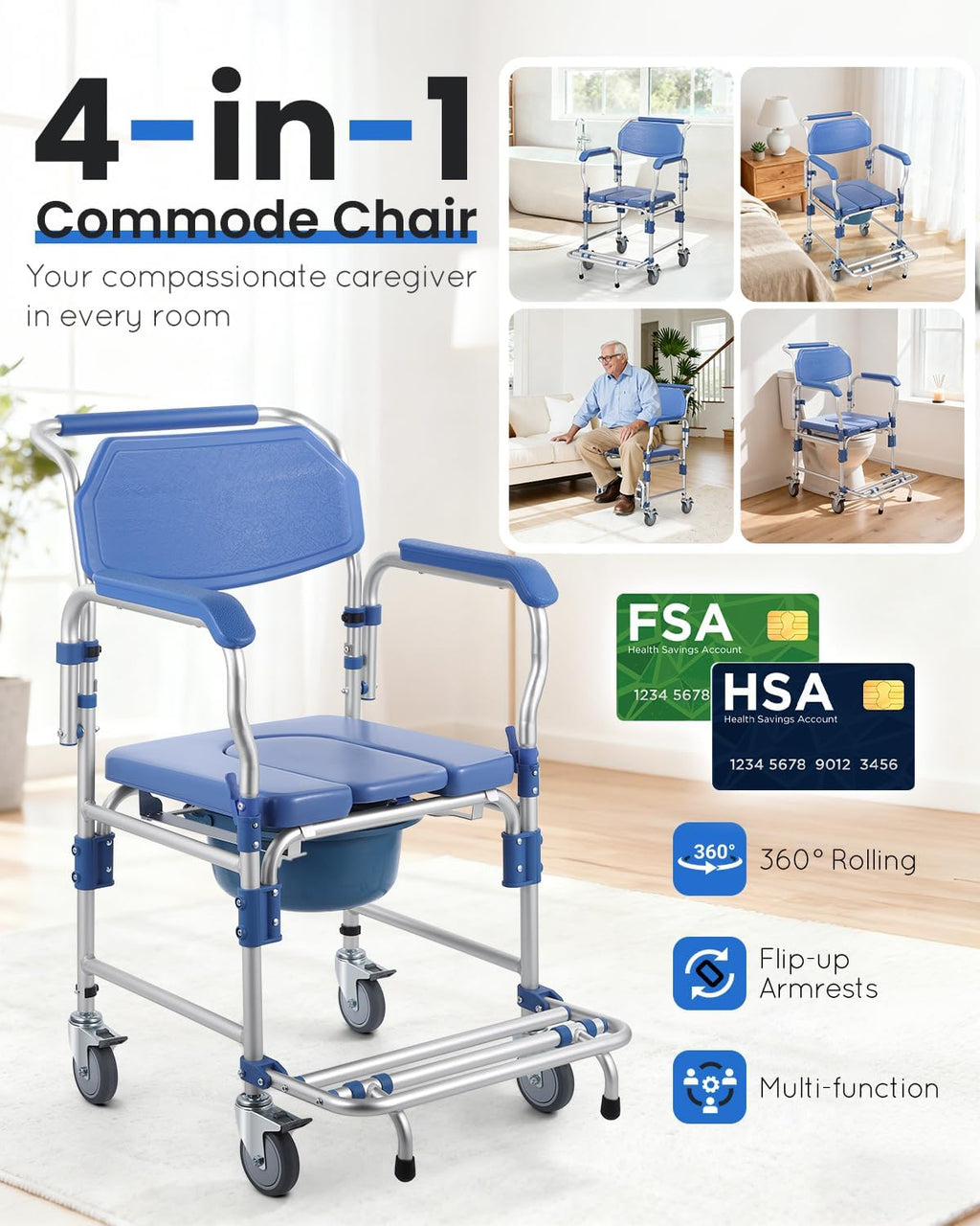 Bedside Commode Wheelchair with Drop Arms, Locking Casters, Waterproof Shower Chair

