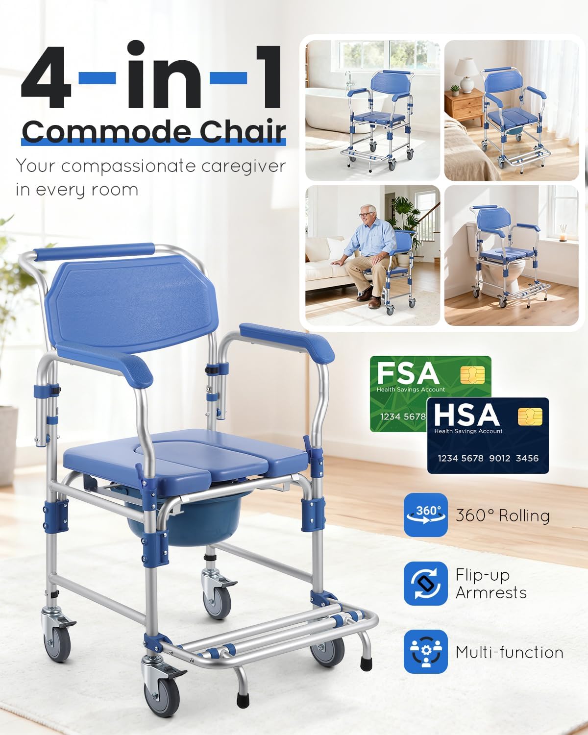 Bedside Commode Wheelchair with Drop Arms, Locking Casters, Waterproof Shower Chair

