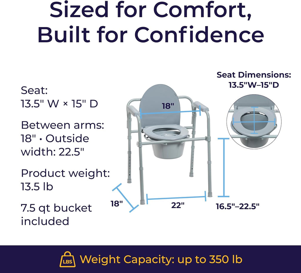 Drive Medical Folding Steel Bedside Commode Chair 3-in-1 Adjustable Height 7.5 Qt Bucket


