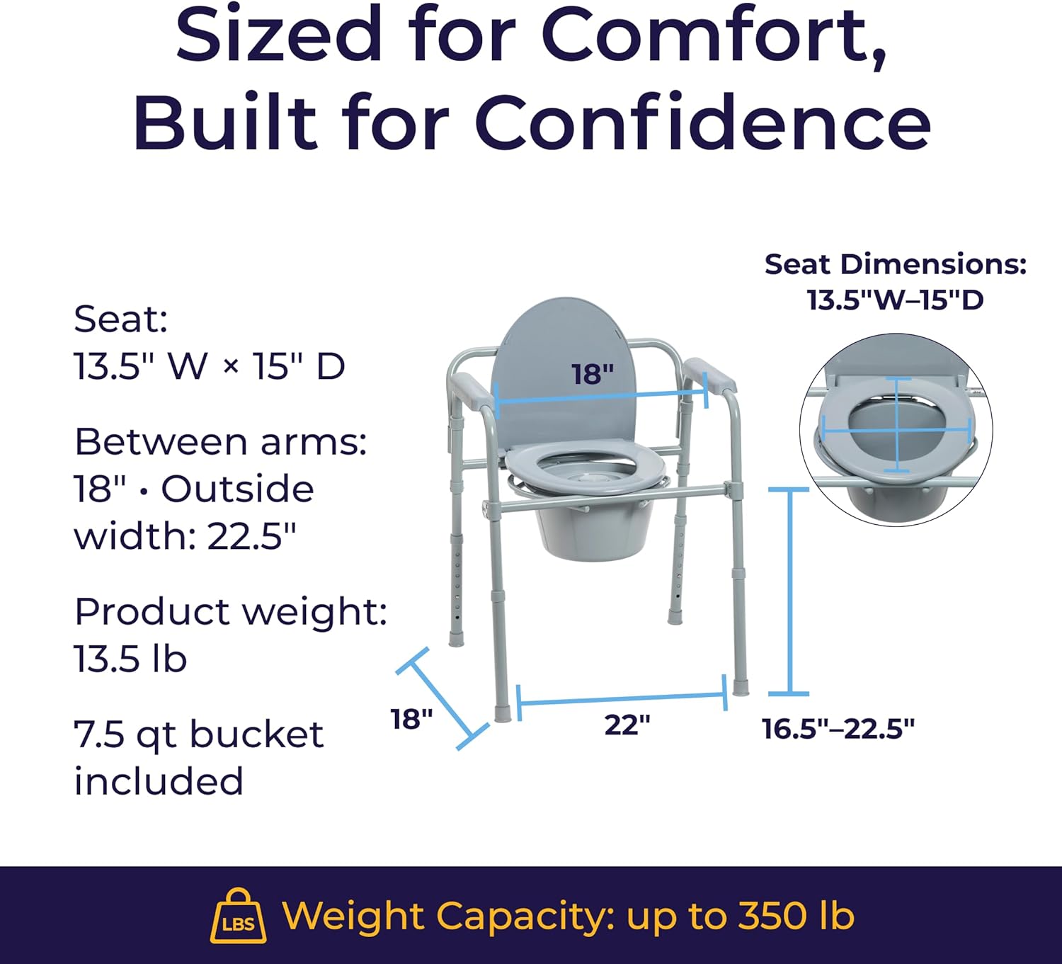 Drive Medical Folding Steel Bedside Commode Chair 3-in-1 Adjustable Height 7.5 Qt Bucket

