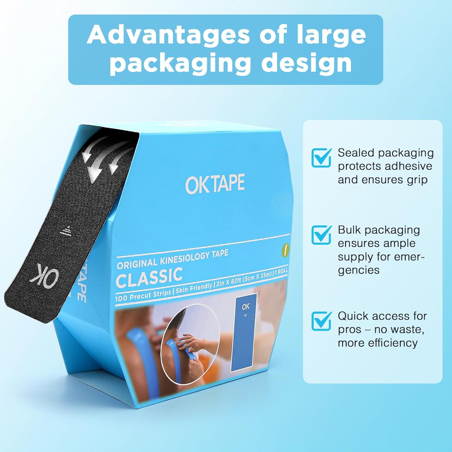 OK Tape Kinesiology Tape Pre-Cut Strips Bulk, Latex-Free Elastic Cotton, 2 in x 10 in


