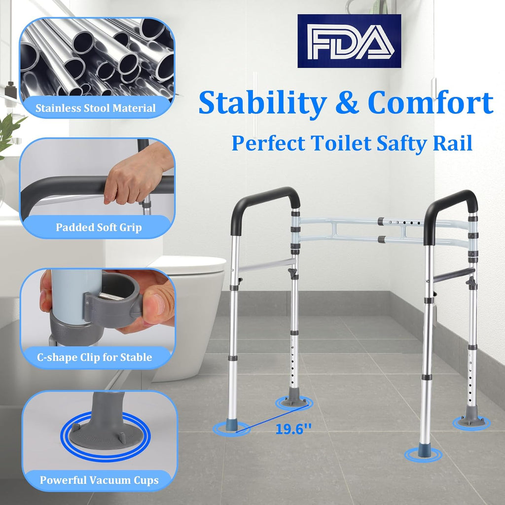 Toilet Safety Rails for Seniors, Adjustable Foldable Handle Frame, 300 lb, Suction

