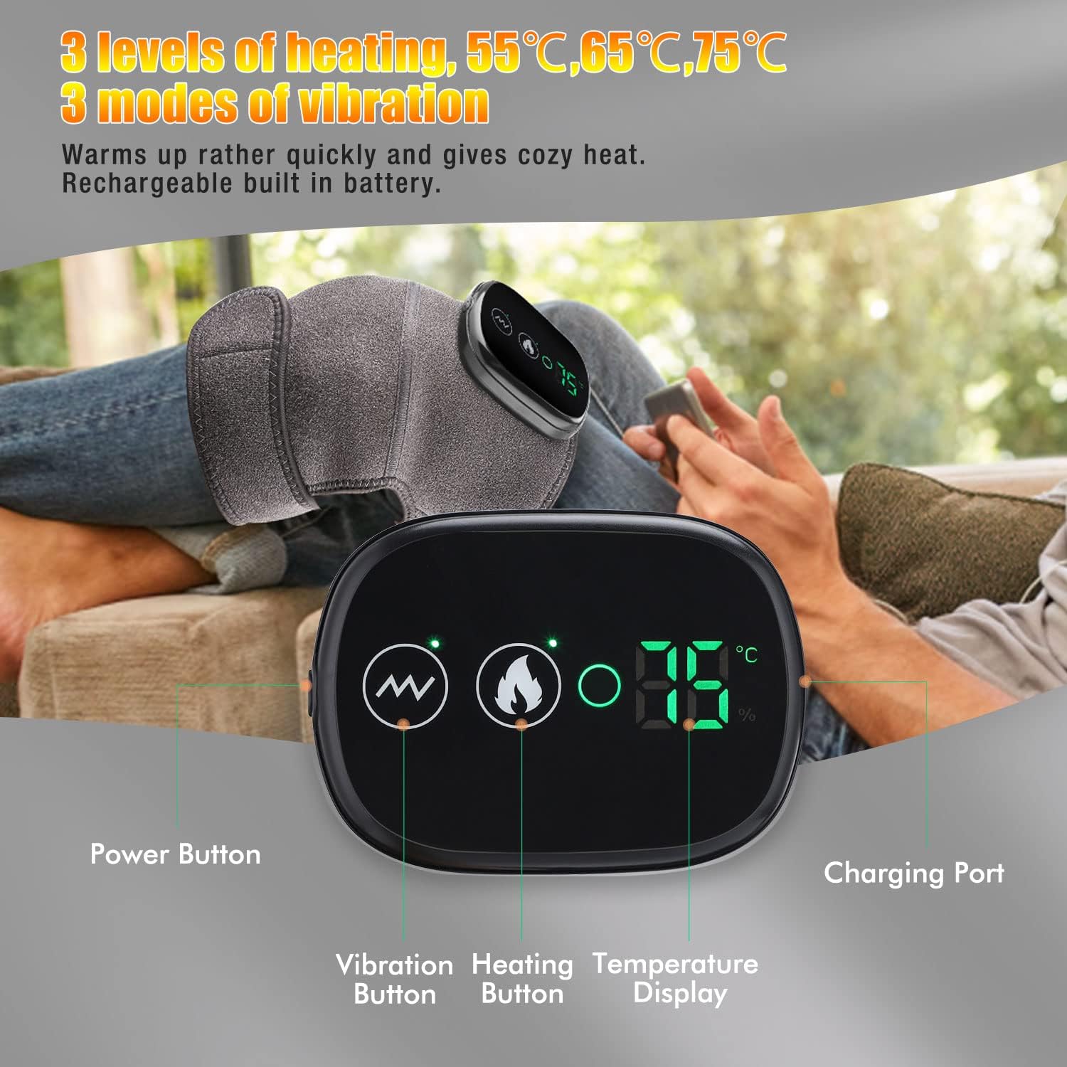 MOAJAZA Heated Knee Massager with Vibration, Cordless Rechargeable Heating Pad

