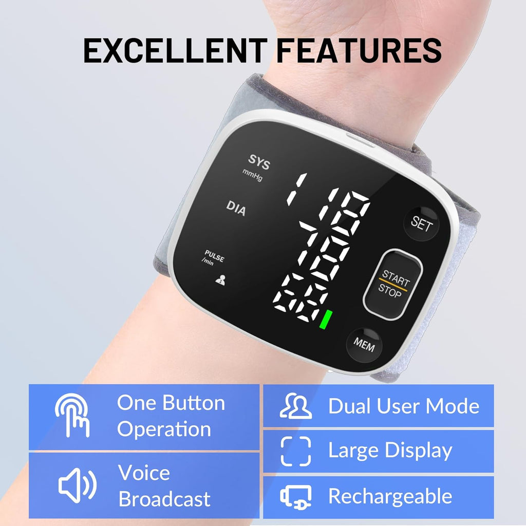 Rechargeable Wrist Blood Pressure Monitor for Home Use, Adjustable Cuff, Voice, 2 Users

