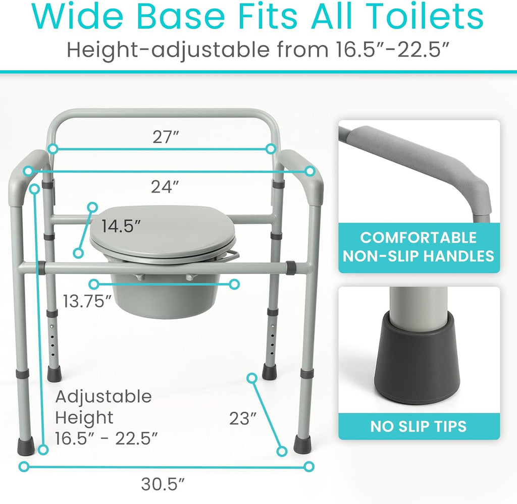 Vive Bariatric 3-in-1 Commode Toilet Chair, Portable Folding, 500 lb Capacity

