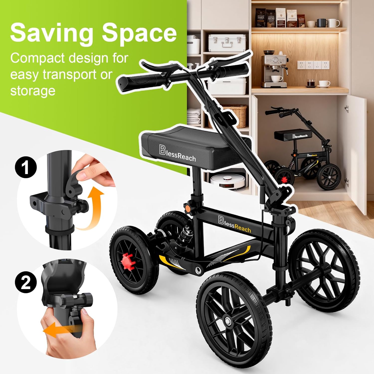 BlessReach Deluxe All-Terrain Steerable Knee Scooter with Double Handbrake Medical Alt

