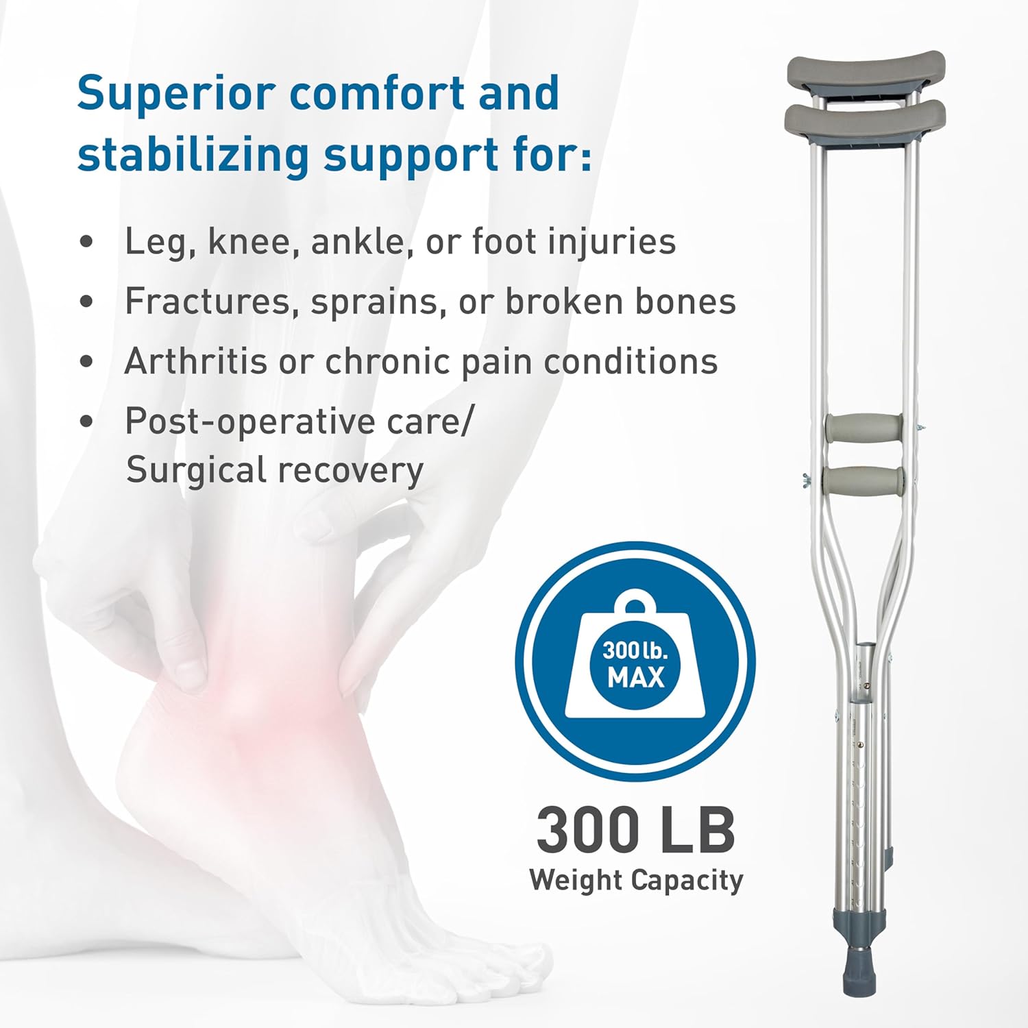 BodyMed Aluminum Crutches for Adults and Children, Pair Height Adjustable, 300 lb

