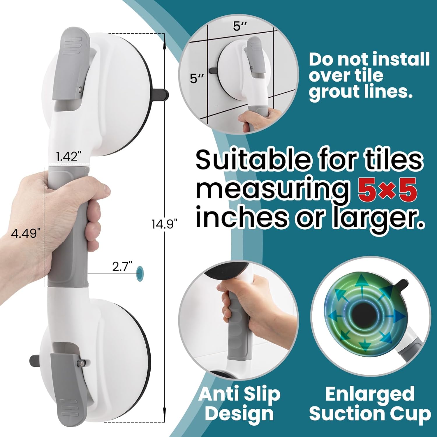 TAILI Suction Grab Bar for Bathtubs and Showers, No-Drill Safety Handrail

