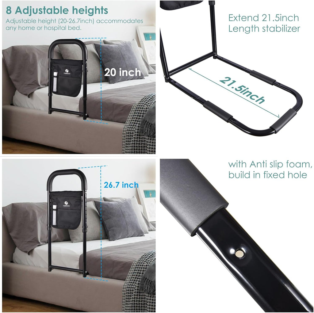 Adjustable Bed Rail for Seniors with Motion Light, Padded Grab, Storage Pockets

