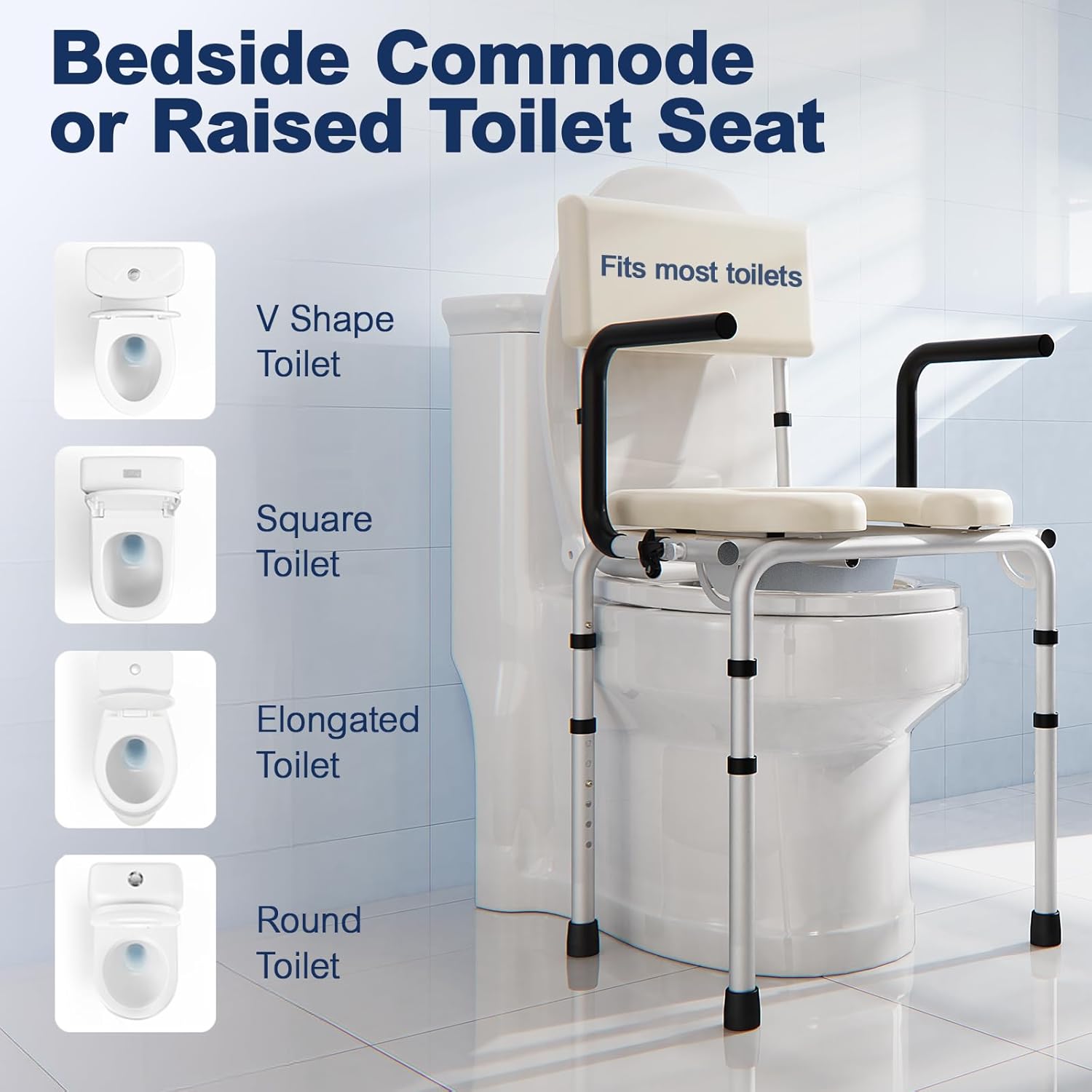 Drop-Arm Bedside Commode with Padded Seat and Backrest, 400 lb Portable Toilet

