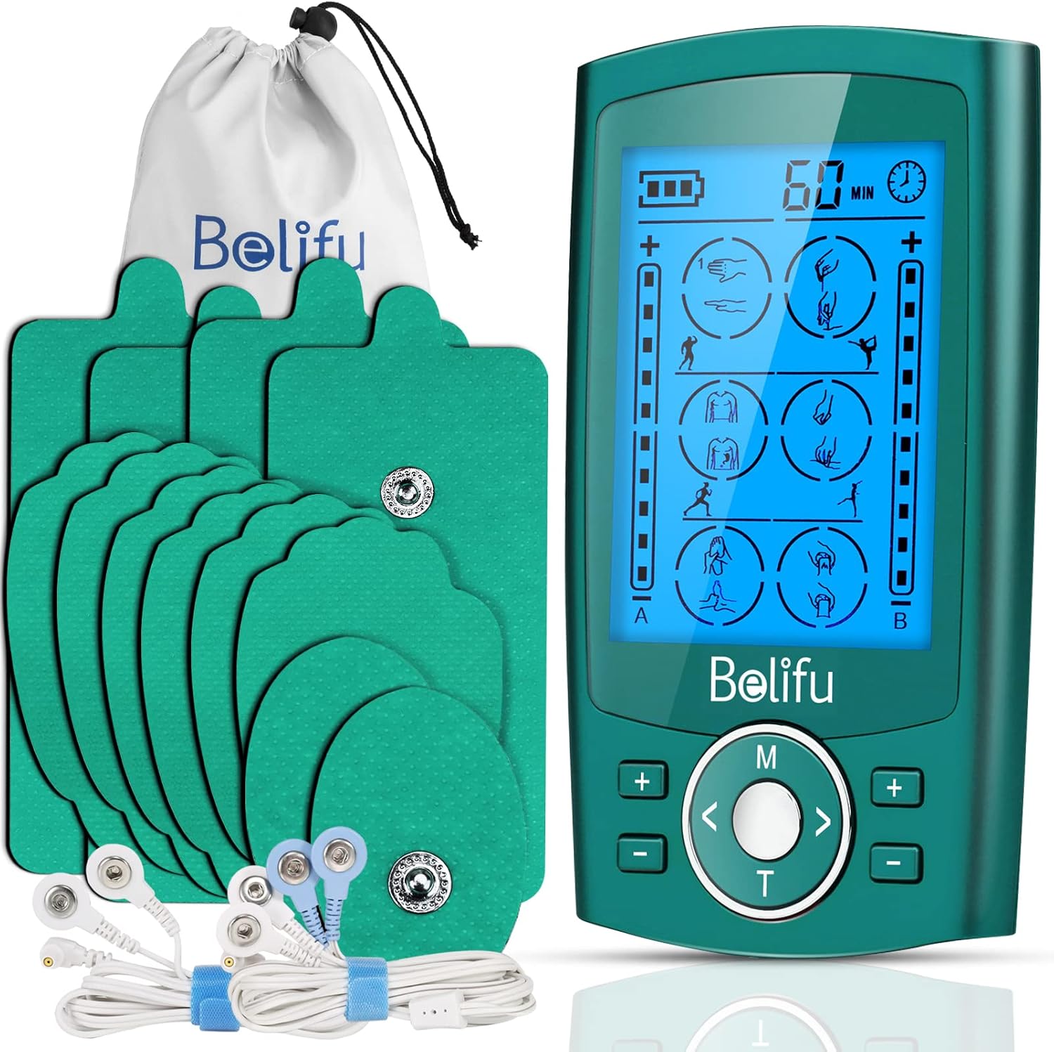 Belifu Dual Channel TENS EMS Muscle Stimulator with 12 Pads and 24 Modes

