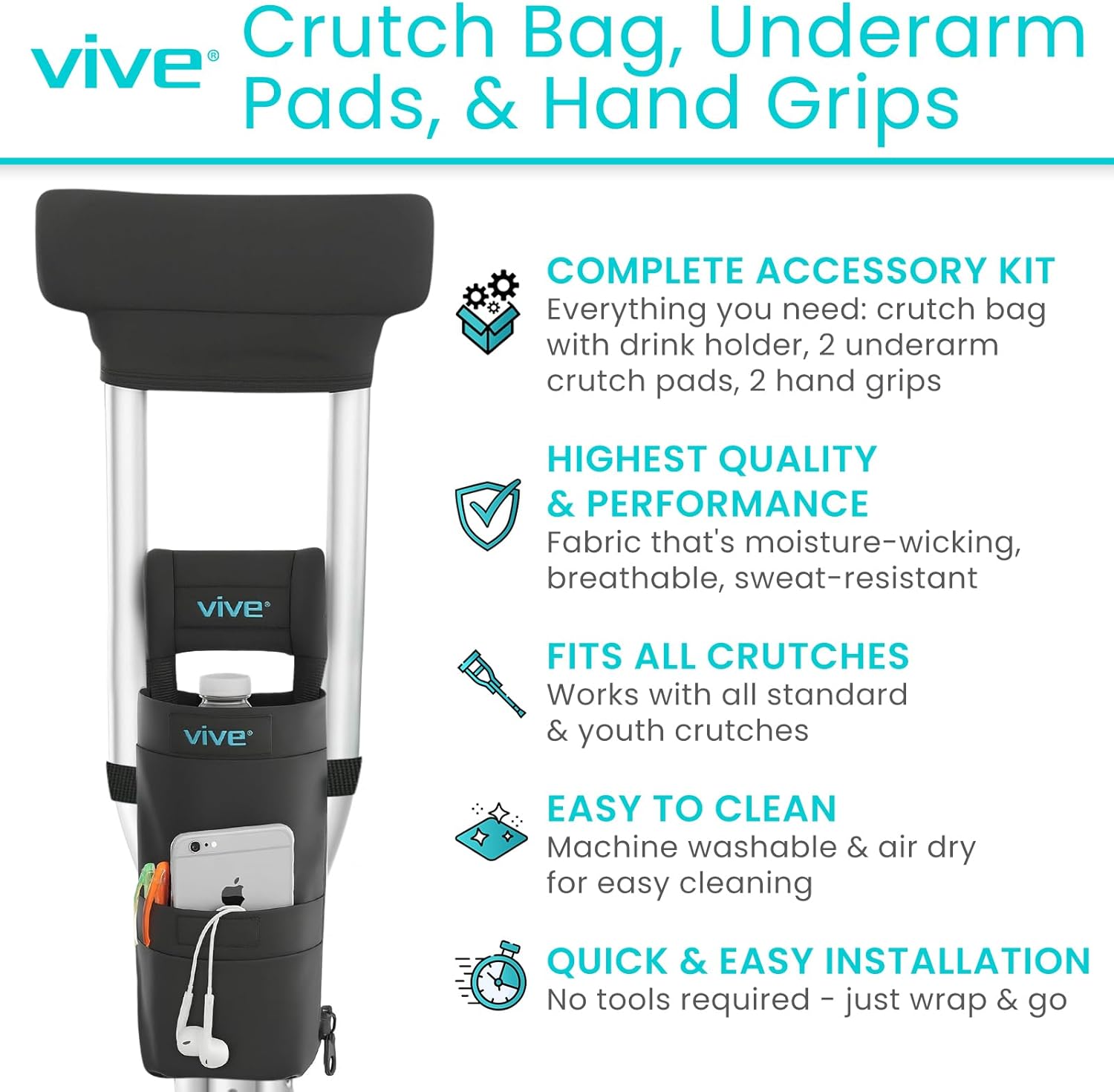 Vive Crutch Pads, Hand Grips, and Pouch Accessory Kit for Adults

