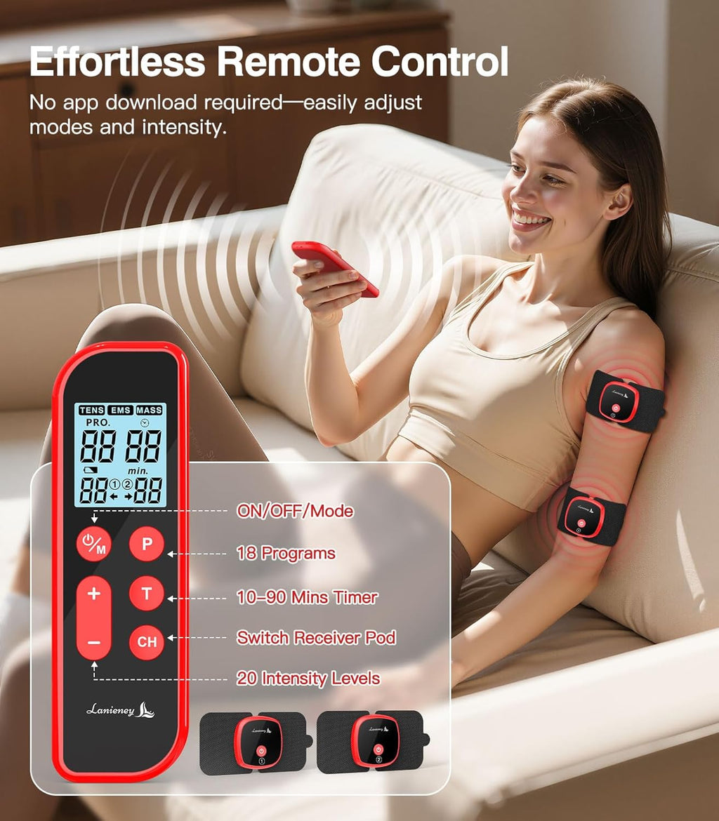 Wireless Dual Channel TENS EMS Muscle Stimulator with Remote, Rechargeable Pads

