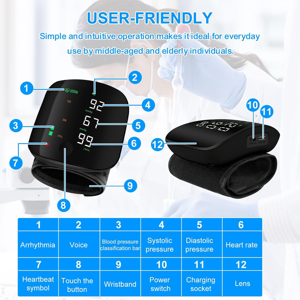 Rechargeable Wrist Blood Pressure Monitor with Digital Display and Voice Broadcast

