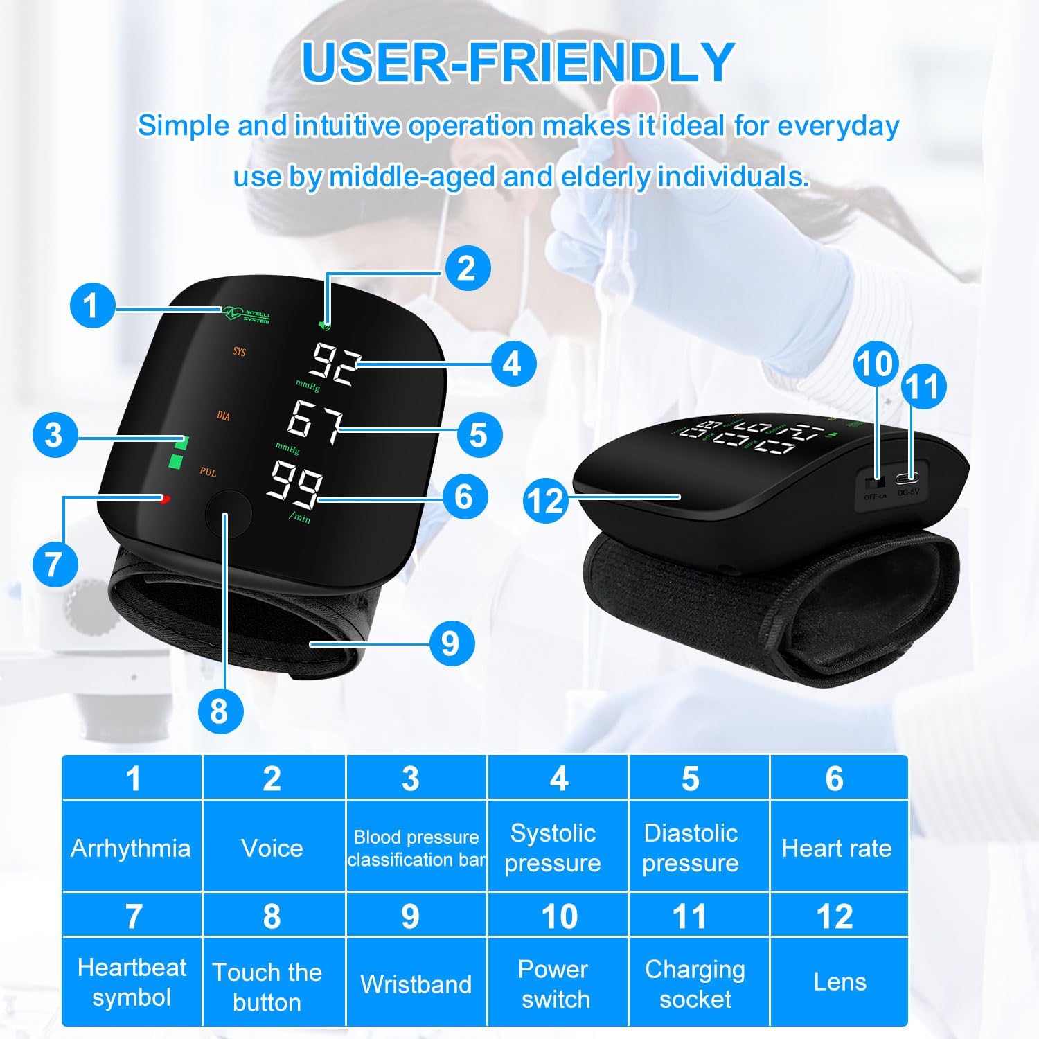 Rechargeable Wrist Blood Pressure Monitor with Digital Display and Voice Broadcast

