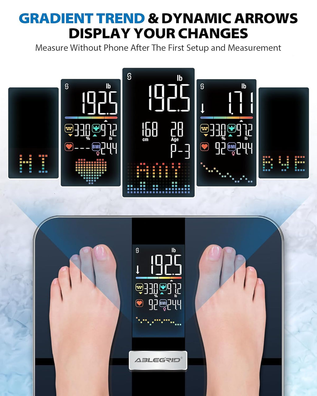 ABLEGRID Rechargeable Smart Body Fat Scale with BMI, Heart Rate, Body Composition, 400 lb

