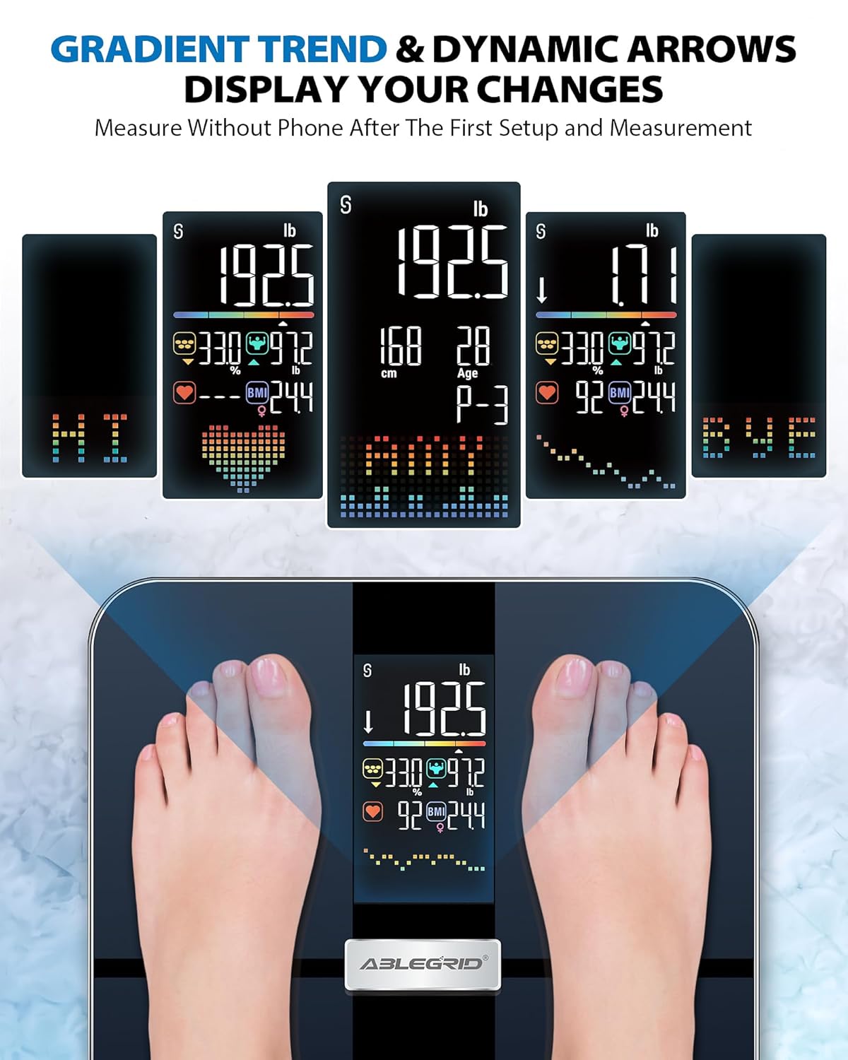 ABLEGRID Rechargeable Smart Body Fat Scale with BMI, Heart Rate, Body Composition, 400 lb

