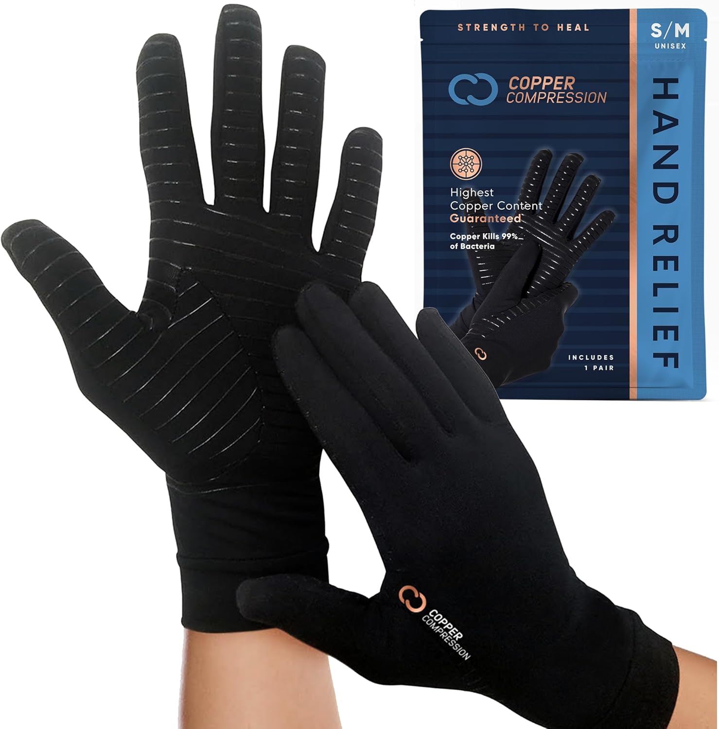 Copper Compression Arthritis Compression Full Finger Gloves with Touchscreen Fingertips

