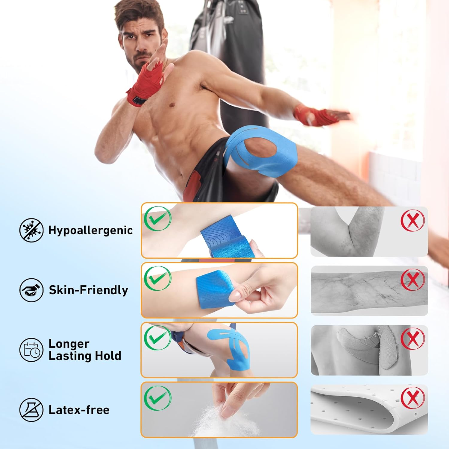KTQUICK Pre-Cut Kinesiology Tape for Knees, Cotton, Latex-Free, Waterproof

