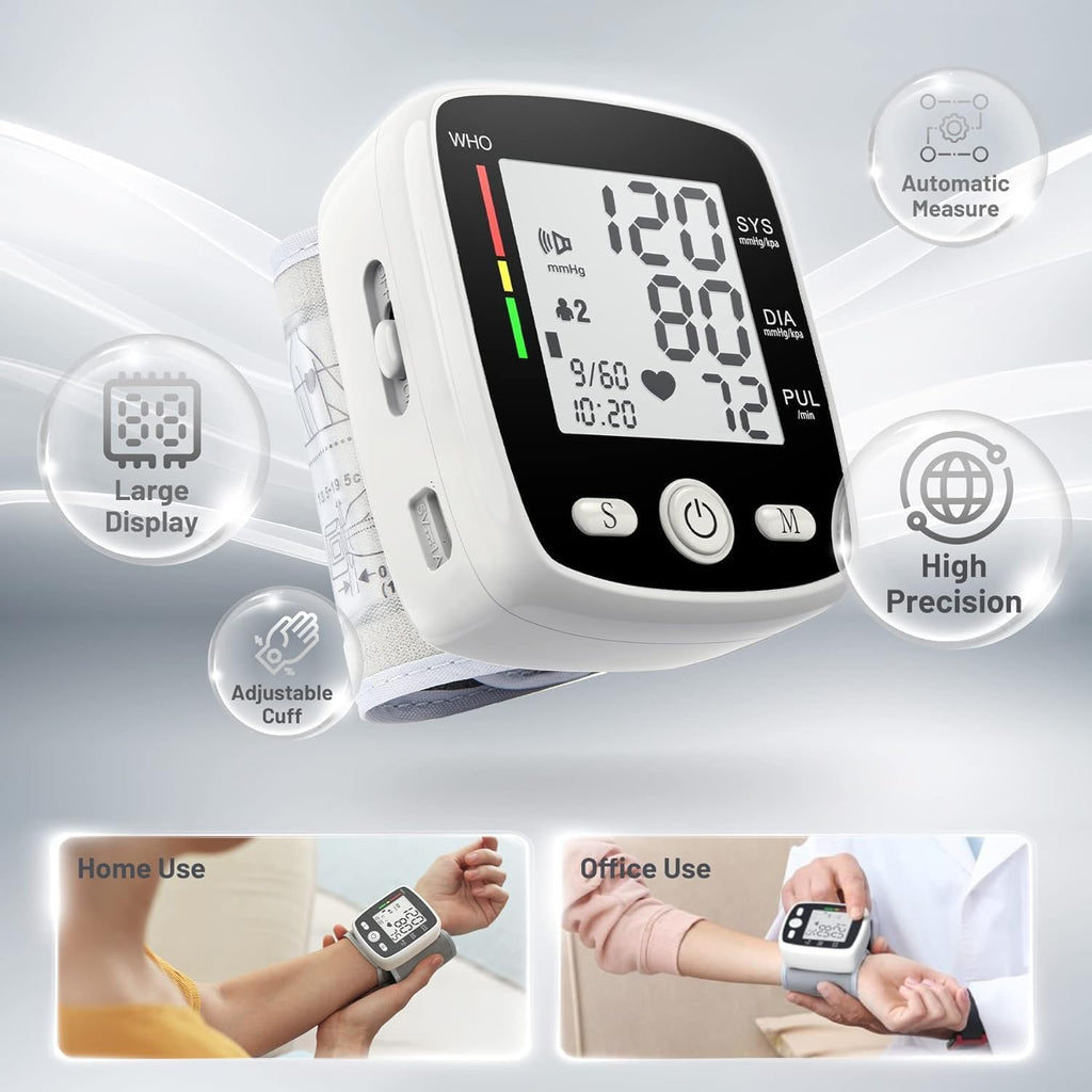 Digital Wrist Blood Pressure Monitor, Automatic BP Cuff, USB Rechargeable, 180 Memory

