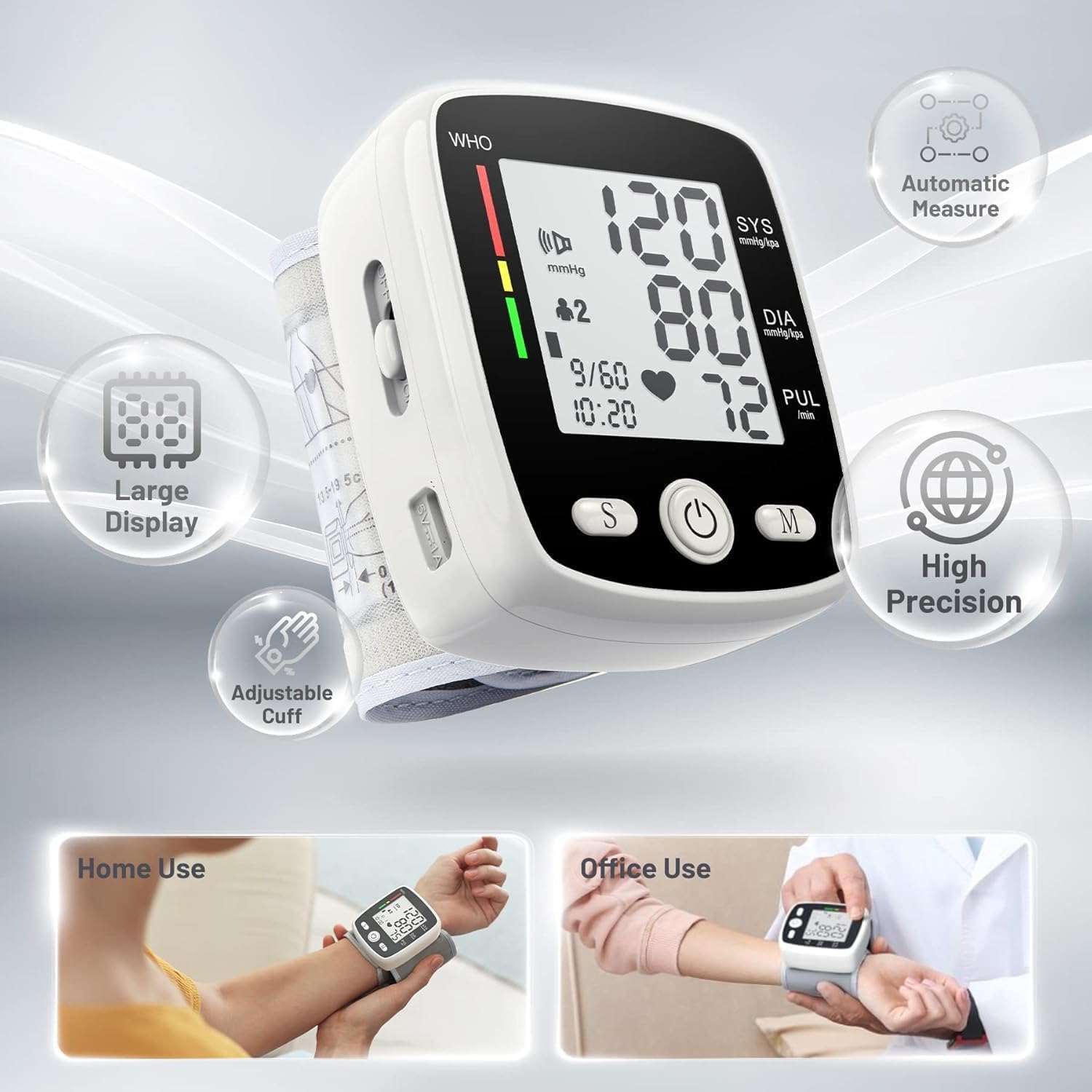 Digital Wrist Blood Pressure Monitor, Automatic BP Cuff, USB Rechargeable, 180 Memory

