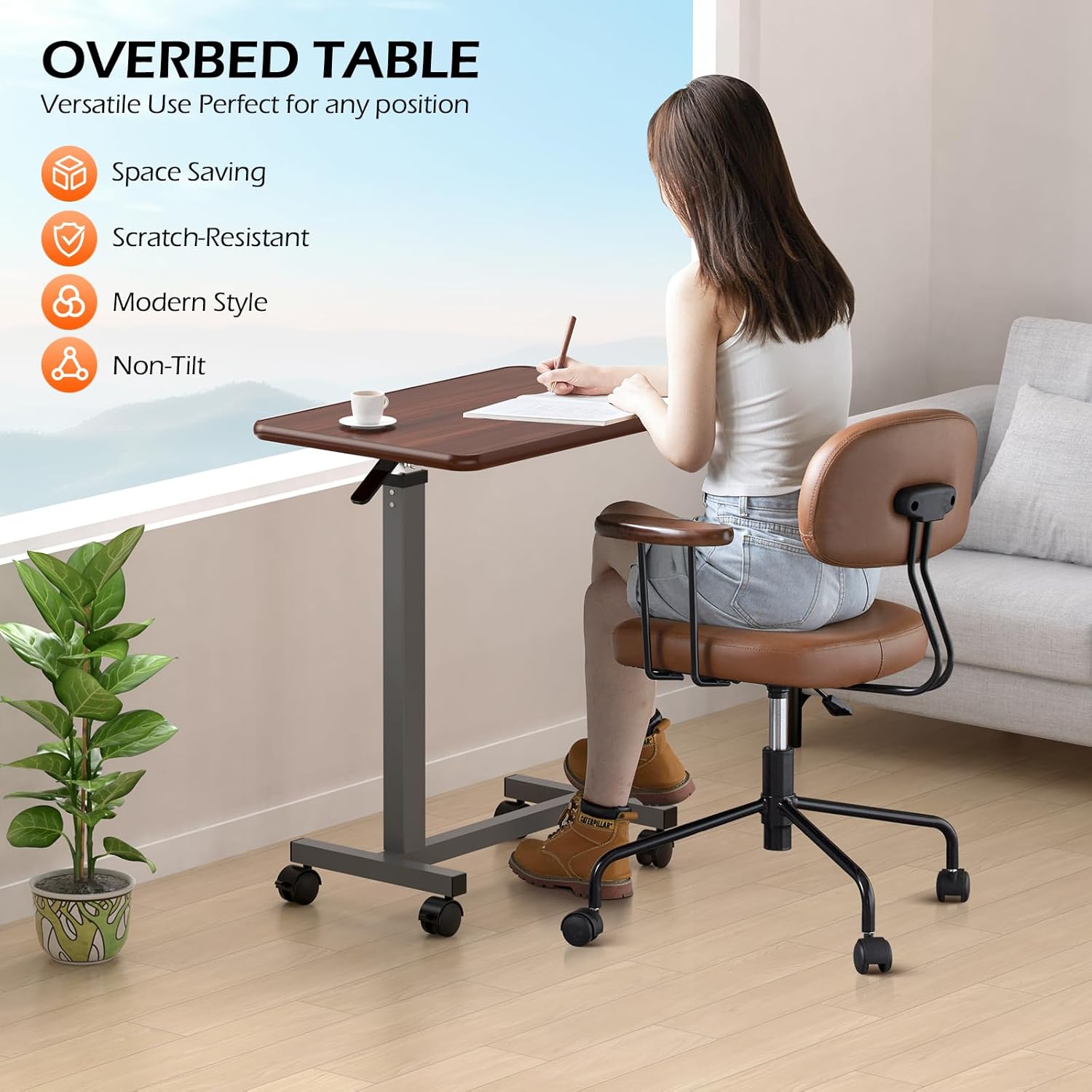 WOTURE Adjustable Overbed Table with Wheels, Pneumatic Height, Bed Tray

