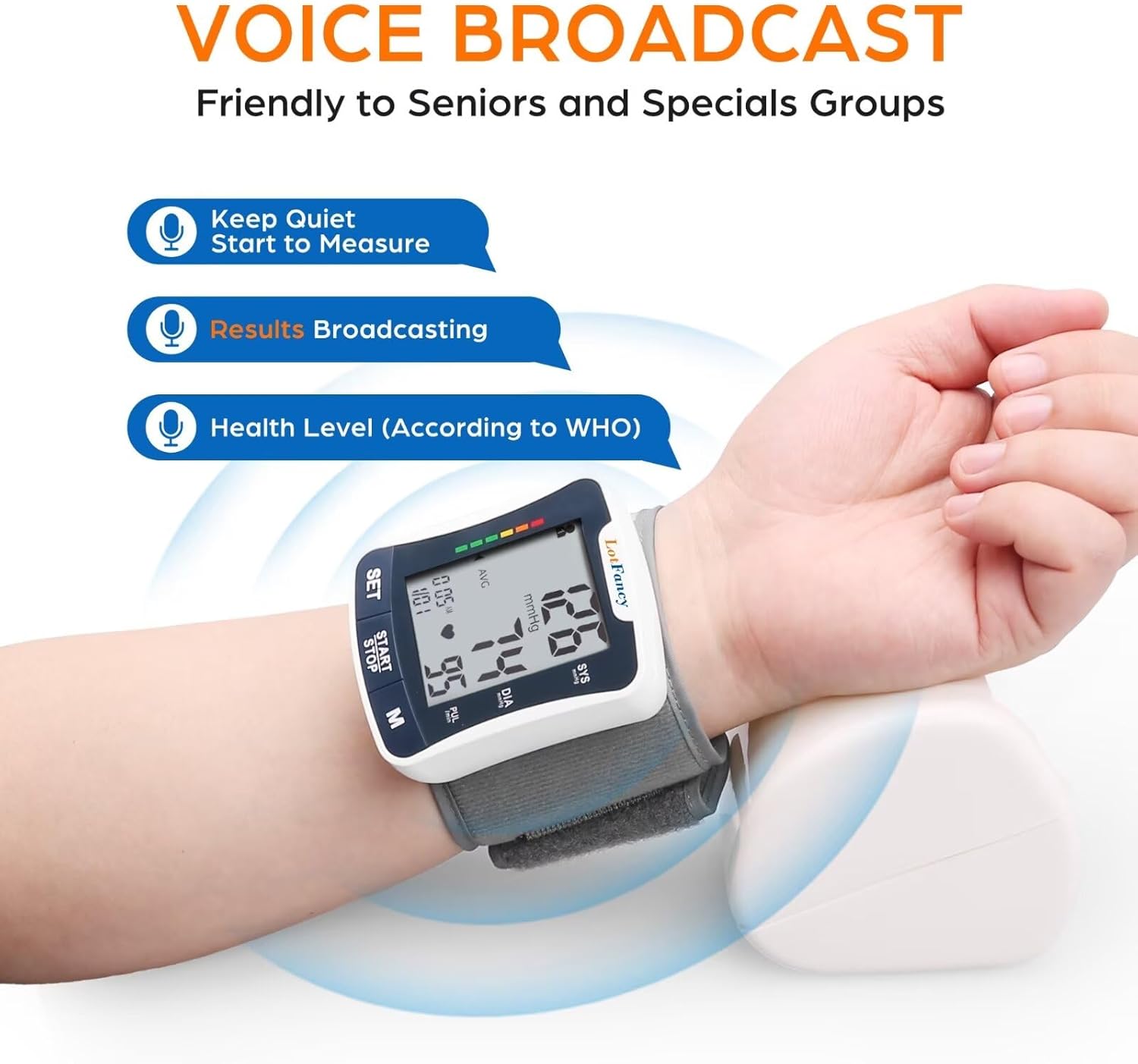 LotFancy Talking Wrist Blood Pressure Monitor, Automatic Cuff, Large LCD, 120 Memory

