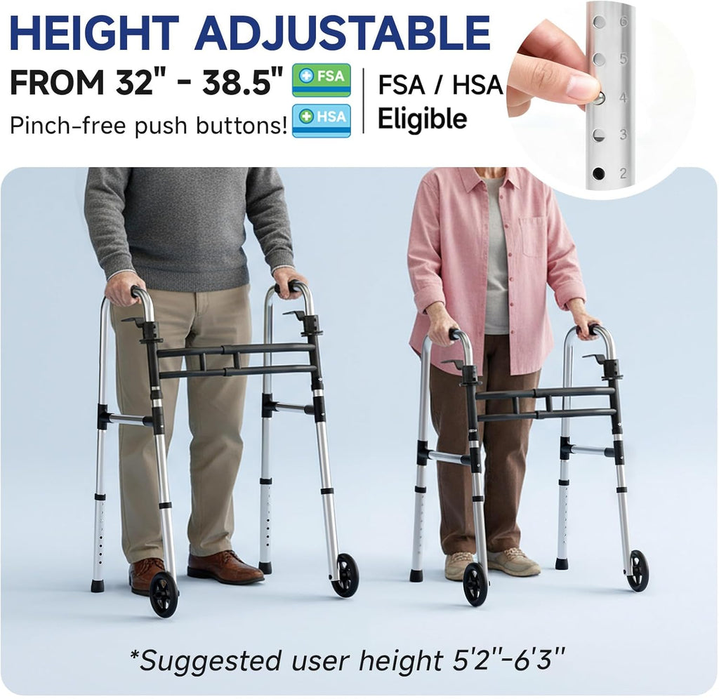 Loyoda Foldable Aluminum Rollator Walker for Seniors with Wheels, Adjustable Height

