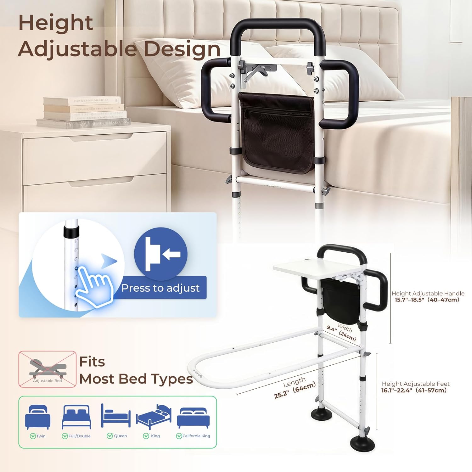 Height Adjustable Bed Rail for Elderly with Non-Slip Grip, Assist Bar and Table

