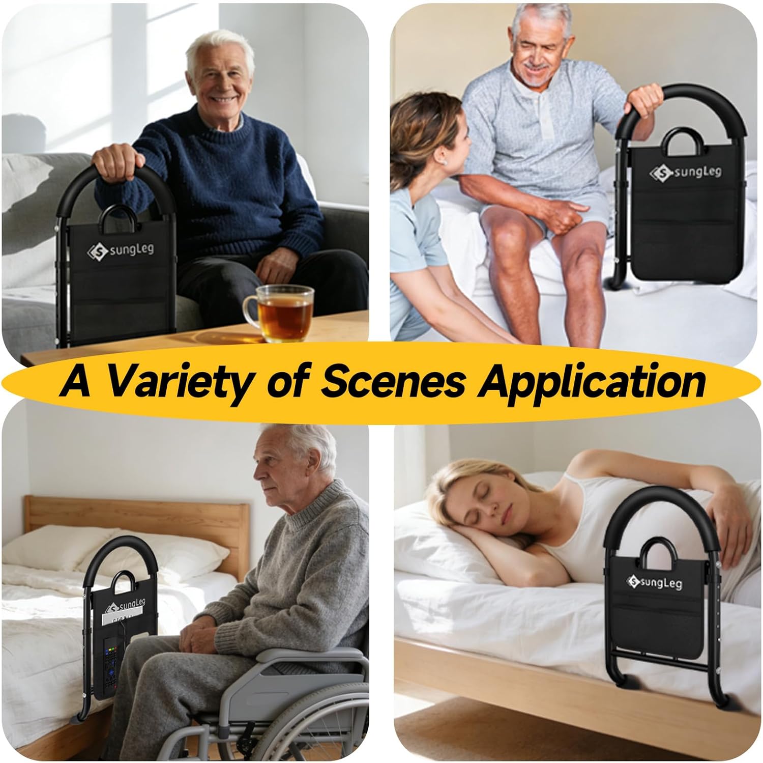 Adjustable Bed Assist Rail for Seniors, Non-Slip Handle, Storage Pocket, 350 lb

