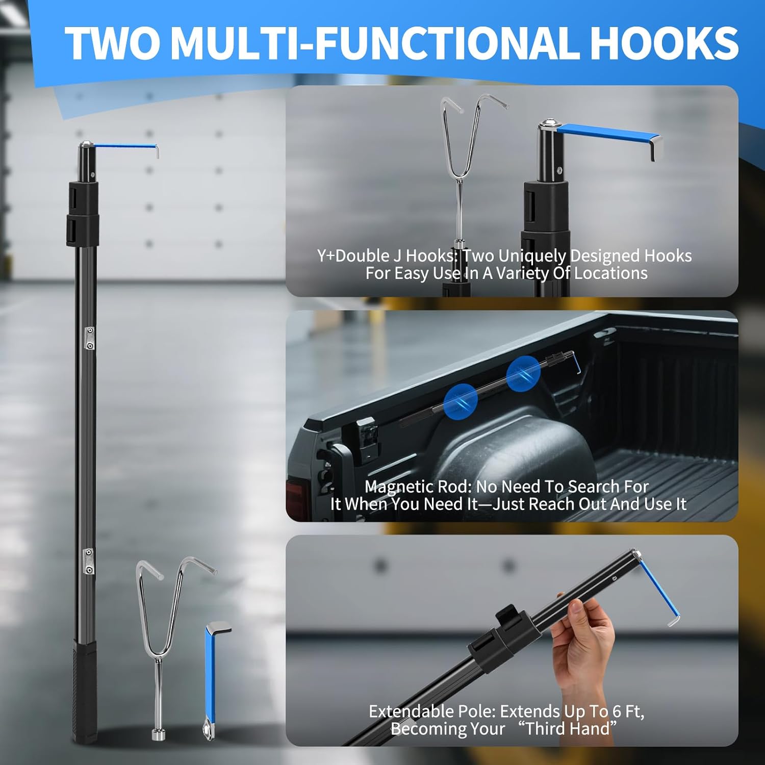 Telescoping Truck Bed Grabber Reach Tool with Hooks, Stainless Steel & Aluminum

