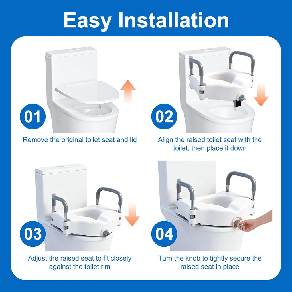 Raised Toilet Seat Riser with Removable Padded Handles, 5-Inch Lift

