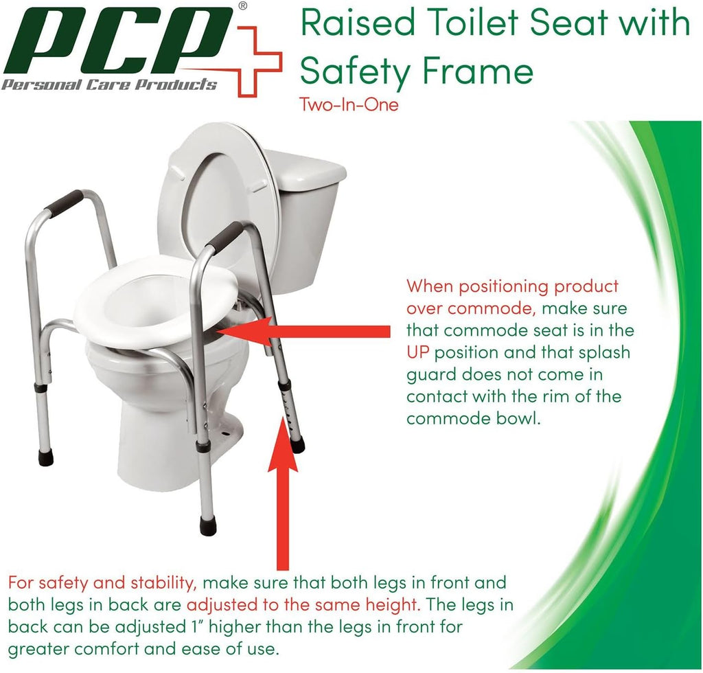 PCP Raised Toilet Seat with Safety Frame, Pre-Assembled Tool-Free, Adjustable Height

