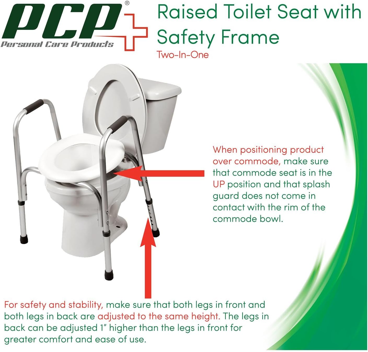 PCP Raised Toilet Seat with Safety Frame, Pre-Assembled Tool-Free, Adjustable Height


